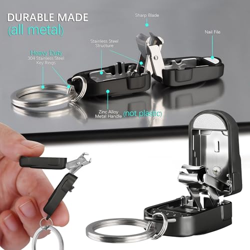 All Metal Foldable Nail Clippers, Stainless Steel Pocket Keychain Fingernail Clipper with Earpick & Keyrings, Poretable Compact Travel Nail Trimmer Cutter for Men Women Adults, Black - color: Black