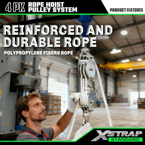 XSTRAP STANDARD Heavy-Duty 2,000 LB Breaking Strength 50 FT Rope Hoist | 1000Lbs work load, metal wheel bearing pulley for lifting heavy objects, includes 2 soft loops, heavy-duty rope hoist (White) - color: 50ft White Standard