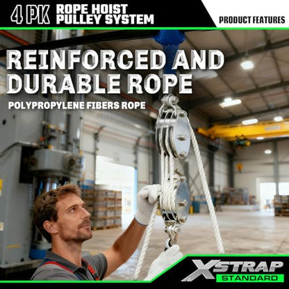 XSTRAP STANDARD Heavy-Duty 2,000 LB Breaking Strength 50 FT Rope Hoist | 1000Lbs work load, metal wheel bearing pulley for lifting heavy objects, includes 2 soft loops, heavy-duty rope hoist (White) - color: 50ft White Standard