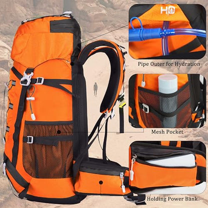 60L Travel Hiking Camping Backpack with Rain Cover, Backpack Water Resistant,Climbing Backpack for Men Women - color: Orange