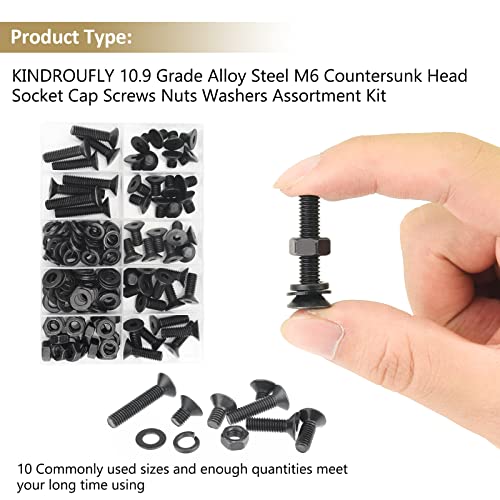 148 Pieces Black M6 x 8/10 /12/16 /20/25 /30mm Countersunk Head Socket Cap Screws Nuts Washers Assortment Kit, 10.9 Grade Alloy Steel - size: M6, style: Countersunk Head