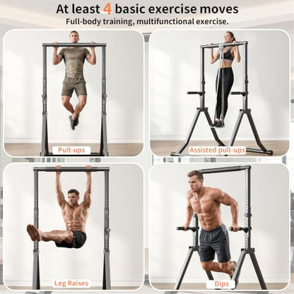 Foldable Pull Up Bar Station 66.1''-84.6'' Power Tower - color: 66"-85" with Dual Dip Handles & Assistance Bands