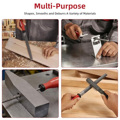 4PCS Metal File Set, 8-Inch, High-strength carbon steel file, Flat/Half round/Round steel file with Handle, Wire Brush, Hand Files Work for Metal, Wood and More