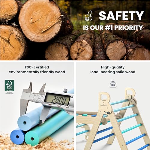 BlueWood Pikler Triangle Set, Foldable Wooden Toddler Climbing Toys Indoor Playground Jungle Gym Montessori Philosophy Climber for 2-6 Years Old, Baby, Kids (Sky Blue, with Cushion) - color: Sky Blue