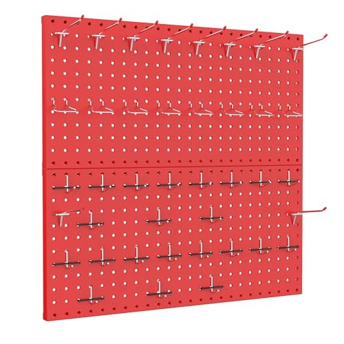 TORACK Metal Pegboard Wall Organizer 24" x 24" or 12" x 48", 70 PCS Tool Storage Pegboard for Garage Tool Organizer Board with Pegboard Hooks for Workbench(Red) - color: Red