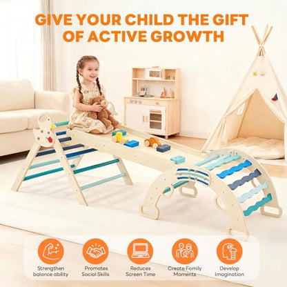 DUMOS Pikler Triangle Set, Toddler Climbing Toys and Play Structure Indoor, 9-in-1 Wooden Montessori Climbing Set with Arch, Ramp and Ladder, Foldable Baby Jungle Gym, Blue - color: Blue
