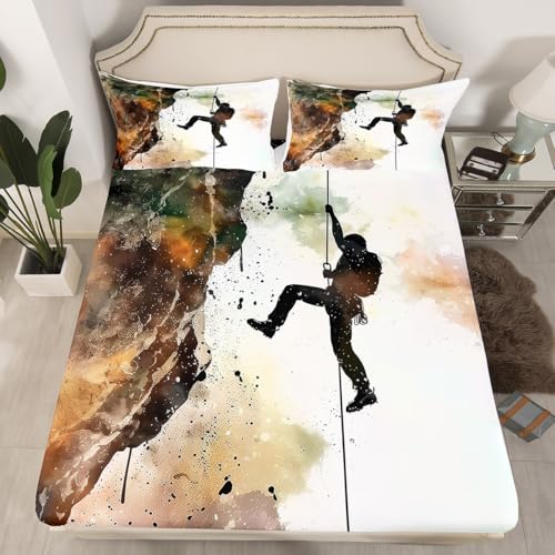 Erosebridal Rock Climber Queen Fitted Sheet for Men Women, Watercolor Mountain Climbing Bedding Set for Adults, Rock Climbing Bouldering Bed Sheets, Extreme Sports Theme Sheets - color: White Grey, size: Queen