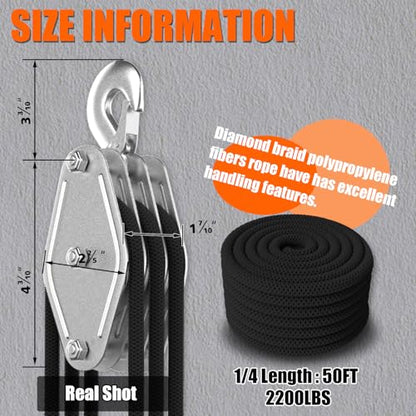 YATOINTO Rope Pulley Hoist with Bearing, 2200 LB Pulley Block and Tackle System 6:1 Power, Pulley Block 1100LB Loading Capacity, 50ft Heavy Duty Rope Hoist for Hunting Garage Warehouse Constructions - color: black, size: UPGRADED-3wheels