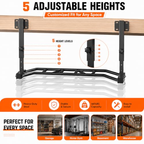 48" Joist Mounted Pull Up Bar, 600LBS Heavy Duty Multi Grip Ceiling Mount Chin Up Bar, Ceiling Beam for Home Gym/Garage/Basement with 5-Height Adjustable& Round Anchors, Easy to Install