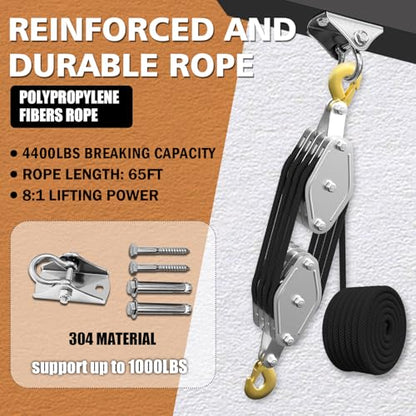YATOINTO Rope Hoist Pulley System, 4400LB Block and Tackle Pulley System, 8:1 Lifting Power 65ft, Pulley Block for Lifting Loading Pulling with 1 Swing Hanger 2 Screws 2 Expansion Bolts - color: black, size: UPGRADED-4wheels+swing hanger