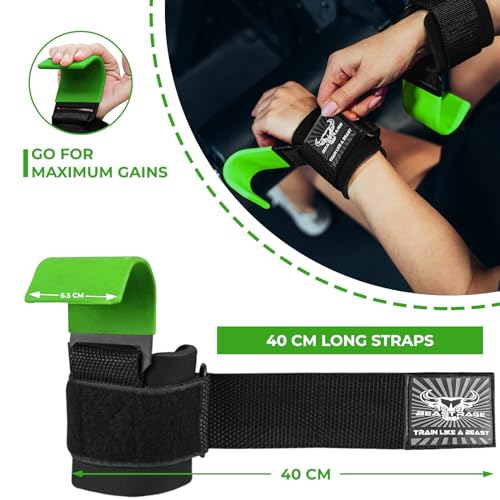 BEAST RAGE Workout Hooks for Men, Durable Coated Grip Gym Straps for Weightlifting Wrist Wraps Training Weight Lifting Strength Fitness Bodybuilding Anti Slip Women Hook Exercise - color: Green