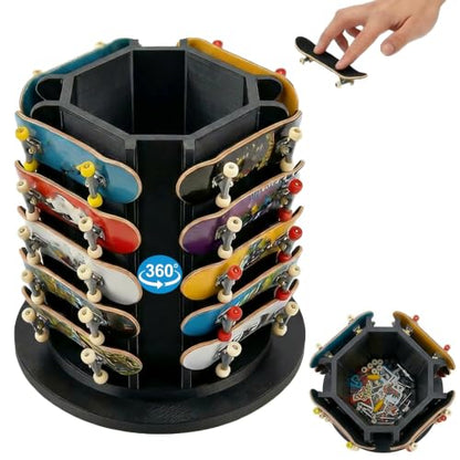 Fingerboard Display Rack Holder,360° Rotating,Pro Finger Skateboard Organizer for 20 Decks and Accessories,with Center Storage,Desktop Storage Tower for Fingerboard and Mini Collectibles,Heavy Duty