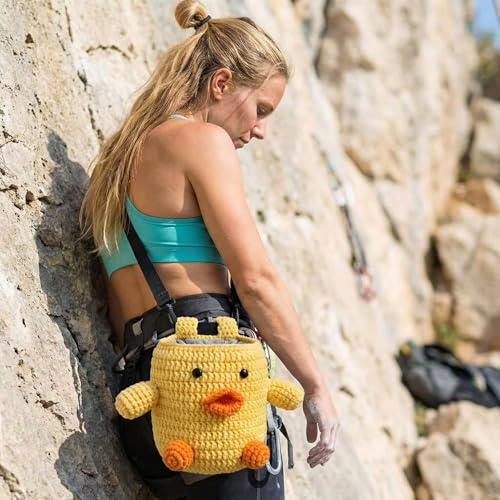 Handmade Crochet Rock Climbing Chalk Bag, Fun Plush Animal Chalk Pouch with Drawstring, Adjustable Waist Belt for Indoor Outdoor Bouldering Sport Climbing - style: Yellow Duck