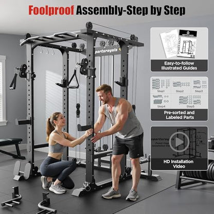 SPORTSROYALS Power Rack, Multi-Functional Power Cage, Squat Rack with Pulley System & LAT Pull Down, Workout Cage with J Hooks for Home Gym - color: Black, style: Power Cage Only