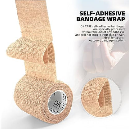 OK TAPE Self Adherent Cohesive Bandages Wrap 24Packs 1" x 5 Yards | Non-Woven Self Adhesive Bandage Wrap for Thumb, Finger, Wrist, Ankle, Vet Wrap Bandages Tape (Beige) - color: Beige/Tan, size: 1 In x 5 Yards