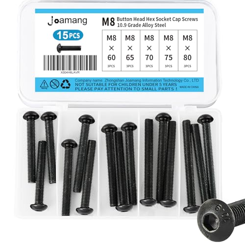 M8 x 60mm 65mm 70mm 75mm 80mm Button Head Socket Cap Screws Bolts, 10.9 Grade Alloy Steel, Black Oxide Finish, Metric Allen Hex Drive, Fully Threaded, Assortment Kit 15Pcs - size: Button M8x60-80mm