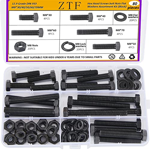 80Pcs m8 x 1.25 Bolt Metric Nuts and Bolts Assortment 30mm, 40mm, 50mm, 60mm, 70mm, 20 Sets Black Full Thread Hex Head Bolts and Nuts Kit M8, 12.9 Grade Alloy Steel with Flat and Lock Washers - style: black-M8 Hex Bolts