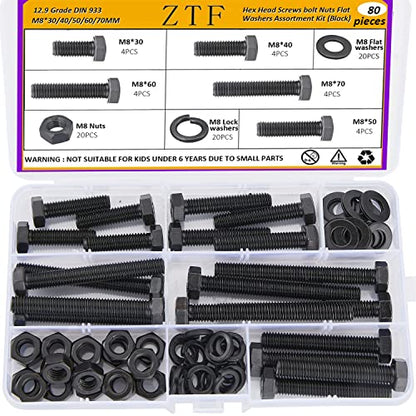 80Pcs m8 x 1.25 Bolt Metric Nuts and Bolts Assortment 30mm, 40mm, 50mm, 60mm, 70mm, 20 Sets Black Full Thread Hex Head Bolts and Nuts Kit M8, 12.9 Grade Alloy Steel with Flat and Lock Washers - style: black-M8 Hex Bolts