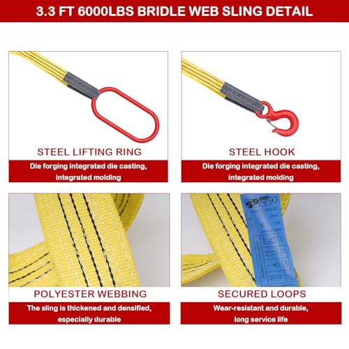 Lifting Sling Heavy Duty Web Sling with G80 Hook | 4.92 Ft Length, 6600 Lbs Max Load, Heavy Duty Industrial Polyester Webbing, Ideal for Cargo Hoist & Construction Lifting - size: 4.92FT