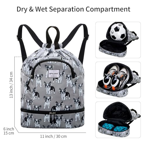 Dry Wet Drawstring Backpack with Shoe Compartment for Women Adjustable Gym Bag - color: Dog