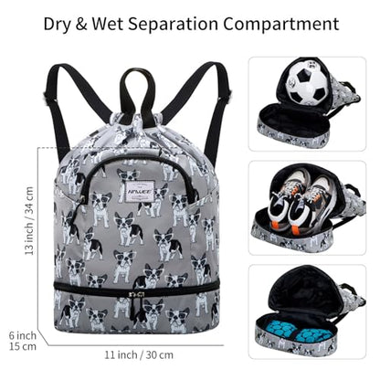 Dry Wet Drawstring Backpack with Shoe Compartment for Women Adjustable Gym Bag - color: Dog
