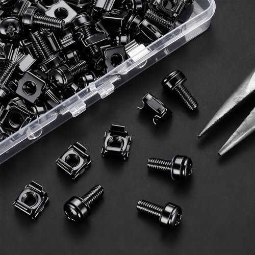 110 Pcs/55 Set Rack Mount Screws and Cage Nuts for Rack Mount Server Cabinet, Black Carbon Steel Rack Screws and Cage Nuts with Washers, M6 x 20 mm for Server Racks, Shelves, Cabinets - color: black