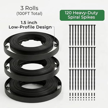 Gardzen 1.5" x100' Landscape Edging Kit with 120 Spikes | Garden Edging Coil for Lawn Borders and Landscape Projects, Easy No Dig Installation with Durable Ground Stakes Included - size: 100ft