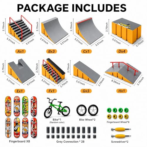 14-in-1 Fingerboard Skate Park Toy Set for Kids with 8 Skateboards and Bike | Modular fingerboard skatepark, Multiple layouts, Smooth-edge ABS ramps, Half pipe and rails, Fits most standard fingerboards - color: 14in1-yellow