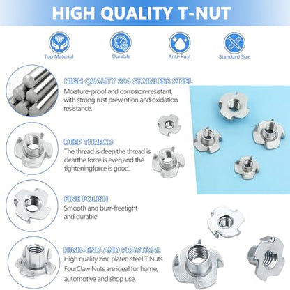 T Nuts 1/4"-20, 5/16"-18, 3/8"-16, Jovlalis 160pcs T-nut 304 Stainless Steel 4 Pronged Tee Blind Nuts Threaded Insert Assortment Kit for Wood, Rock Climbing Holds, Cabinetry, Furniture
