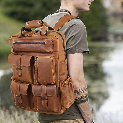Polare Cowhide Leather Multiple Laptop Backpack Day Pack Travel Bag Satchel For Men - color: Light Brown
