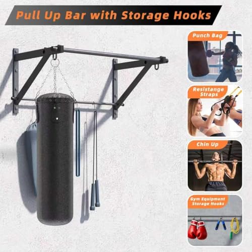 ZHNSDYN Wall Mounted Pull Up Bar with 500LBS Capacity for Gym Home | Adjustable Depth, 4 Hooks, Heavy Duty, Strength Training, Easy Install, Chin Up Bar for Doorway