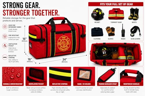 Firefighter Turnout Gear Bag – Heavy Duty Fire Resistant Equipment Duffel with Ventilation Pocket, Reflective Striping, Name Holder & Padded Shoulder Strap – Fireman Gear Bag (Red)