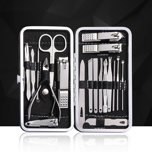 19-Piece Manicure & Pedicure Set - Premium Stainless Steel Nail Care Tools - Portable Grooming Kit - Gift for Men & Women - Black