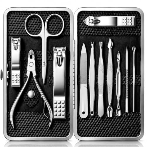 Manicure Set, Stainless Steel Nail Clipper Set with Luxurious Travel Case | 12-Piece Set with Thicker Steel, Precision-ground Cutting Edges, and Smooth-finished Tools for Clean, Precise Trimming. - color: Silver and Black