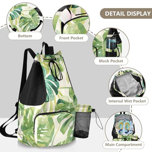 Drawstring Climbing Gym Bag With Pockets Draw String Back Bag with Wet Dry Compartments Watercolor Monstera deliciosa Leaves Green White