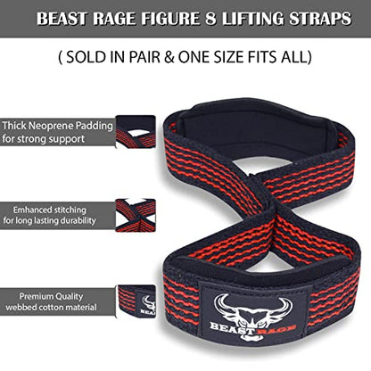BEAST RAGE Heavy Duty Lifting Wrist Straps for Weightlifting, Figure 8 Loop Powerlifting Deadlift Strap Wraps Weights Padded Support Professional Fitness Gym Bodybuilding - color: Red