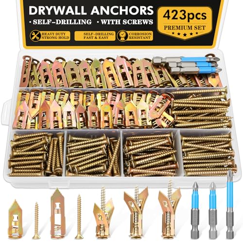 423 PCS Self Drilling Drywall Anchors with Screws Kit, Heavy Duty Metal | 2 Sizes Self-Drilling Drywall Anchors, 5 Sizes Zinc Expansion Screws and 3 Drill Bits for Shelves, Mirrors, Picture Frames