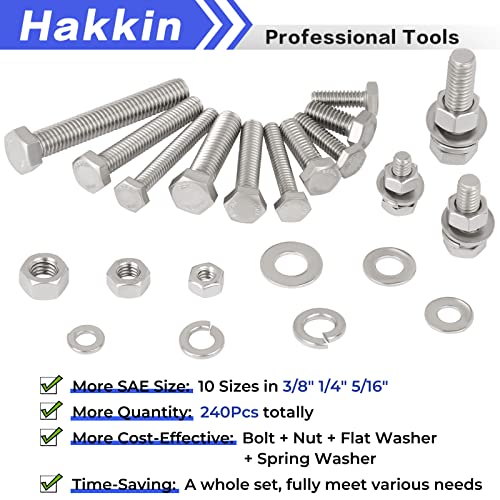 Hakkin 240Pcs Hex Bolts and Nuts Kit Stainless Steel Spring Washers Assortment Kit, 1/4" 5/16", 3/8" 10 SAE Sizes Machine Screws Set with Storage Case - size: 240PCS 1/4-20 5/16-18 3/8-16 Hex Bolts Silver