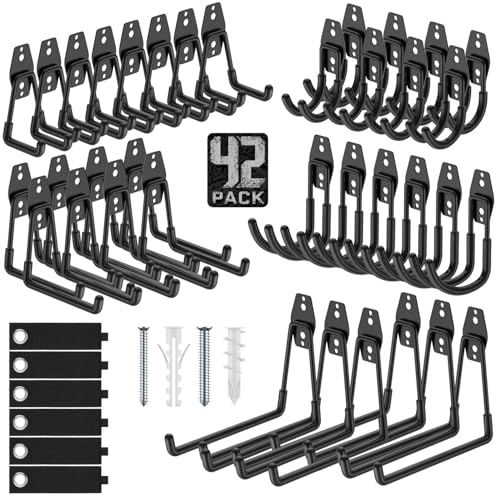 Garage Hooks, Anti-Slip Heavy Duty Wall Mount Hooks, 42-Pack | Hanging Storage for Bikes, Ladders, Hoses, Ropes, Garden Tools - For Warehouse, Workshop, Shed, Shop, Yard - color: 42 Pack Black