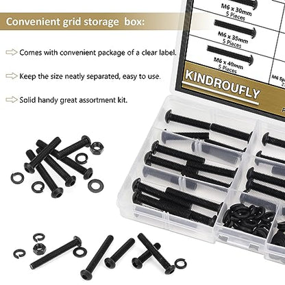 87 Pieces Black M6 x 30/35 /40/45 /50 mm Button Head Socket Cap Screws Nuts Washers Assortment Kit, 10.9 Grade Alloy Steel - size: M6 x 30/35/40/45/50mm, style: Button Head
