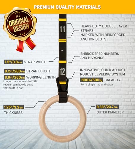 Double Circle Wood Gymnastics Rings with Quick Adjust Numbered Straps and Exercise Videos Guide - Full Body Workout Rings, Calisthenics, Home Gym (Multi-Size) - style: Rings 1.25 Inch