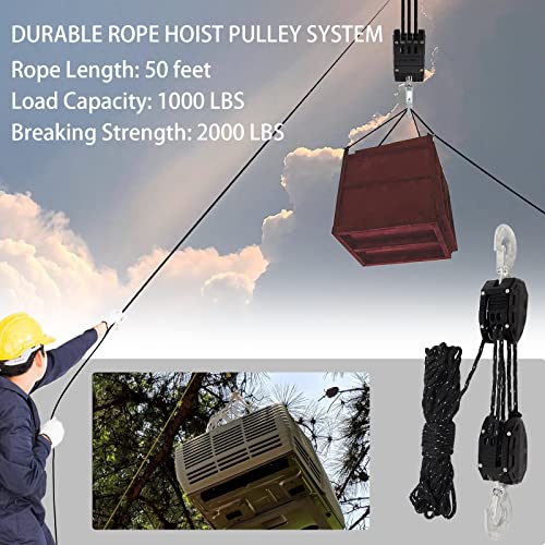 XSTRAP 5:1 Block&Tackle Pulley System Rope Hoist, 50 Ft, 2000 LBS Black | Heavy-Duty 2000 LBS Breaking Strength with 2PK Soft Loops, Pulley Hoist bearing metal wheels for Lifting Heavy Objects - color: Upgraded Reflective Black