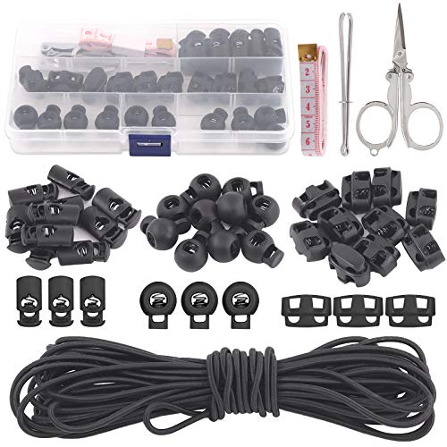 Swpeet 35Pcs 3 Types Plastic Cord Locks for Spring Toggles Stoppers and 11 Yards Elastic Cord for Drawstrings Non-Slip Cord Stopper Adjustable Buckler for Suppliers Shoelaces Clothing