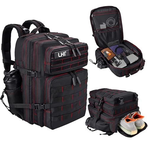 LHI Military Tactical Backpack for Men and Women 45L Army 3 Days Assault Pack Bag Large Rucksack with Shoe Compartment - color: 1.3 Black Red Line