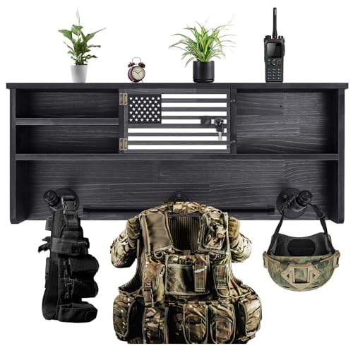 DoubleFill Police Gear Rack Police Vest Wall Mounted Hanger USA Flag Tactical Gear Stand with Gun Storage Plate Carrier Law Enforcement Organizer Accessories for Men Veteran Gift - color: Black, style: Lockers