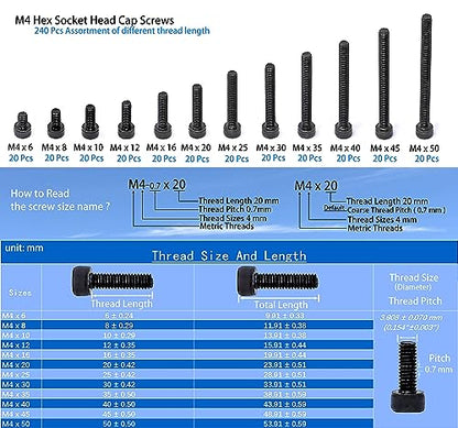 iexcell 720 Pcs M4 x 6/8/10/12/16/20/25/30/35/40/45/50 Alloy Steel 12.9 Grade Hex Socket Head Cap Screws Bolts Washers Assortment Kit, Black Oxide Finish - size: M4 x 6/8/10/12/16/20/25/30/35/40/45/50mm