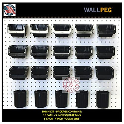 WallPeg Pegboard Bins & Cups - 15 each 5" Bins and 5 each 5" Cups - Hooks to Peg Board Panel Organize Hardware Arrange Accessories Workbench Tool Organizer Garage Storage -MADE IN USA- - style: 15 (5" Bins & 5 cups)