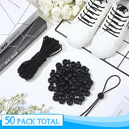 Patelai 50 Pieces Cord Locks Spring Toggles Stoppers Plastic Single Hole End Stopper Slider and 1/8 Inch 66 Feet Elastic Bungee Cord for Drawstring Shoelaces Clothing Bags(Black, Round Style) - size: Black, style: Round Style