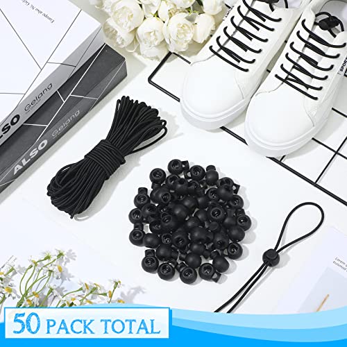 Patelai 50 Pieces Cord Locks Spring Toggles Stoppers Plastic Single Hole End Stopper Slider and 1/8 Inch 66 Feet Elastic Bungee Cord for Drawstring Shoelaces Clothing Bags(Black, Round Style) - size: Black, style: Round Style