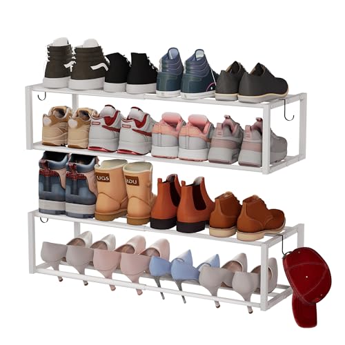 2 Pack Expandable Wall Mounted Shoe Rack, 17"-31" Adjustable Hanging Shoe Rack Holds 16 Pairs, Heavy Duty Metal Shoe Holder with 4 Storage Hooks, Space Saving for Entryway Closet Doorway（White - color: White, size: 2PACK